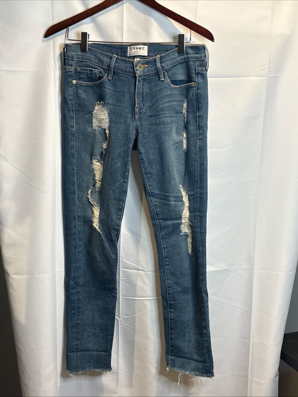 Frame Denim Women's Distressed Skinny Jeans in Medium Blue